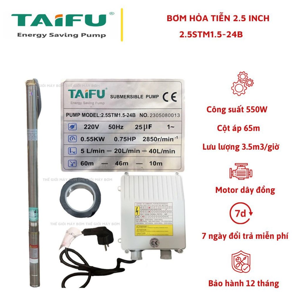 Bơm hỏa tiễn 550W (0.75HP) (2.5&quot; Ø60 thả ống 76) thân inox 304 có hộp tụ đi kèm TAIFU - Bảo hành 1 năm