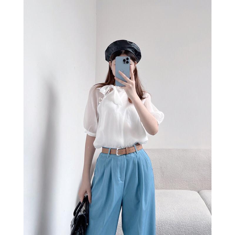 Áo nữ ngắn GERME avnd042307 tay bồng cổ buộc nơ lệch voan mỏng 2 lớp hàng thiết kế