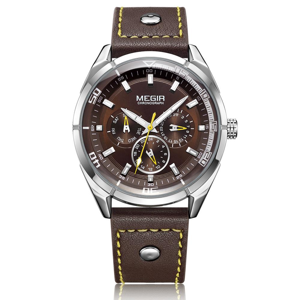 Đồng hồ thể thao MEGIR Chronograph Nam Đồng hồ thạch anh Dây da dạ quang Đồng hồ đeo tay - Màu cà phê