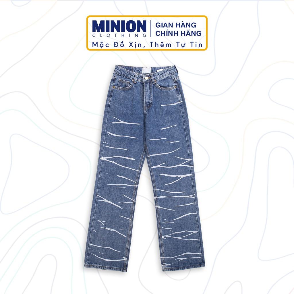 Quần jeans ống rộng sọc ngang ngựa vằn MINION CLOTHING lưng cạp cao bò Unisex nam nữ Ulzzang chất jean dày Q8605