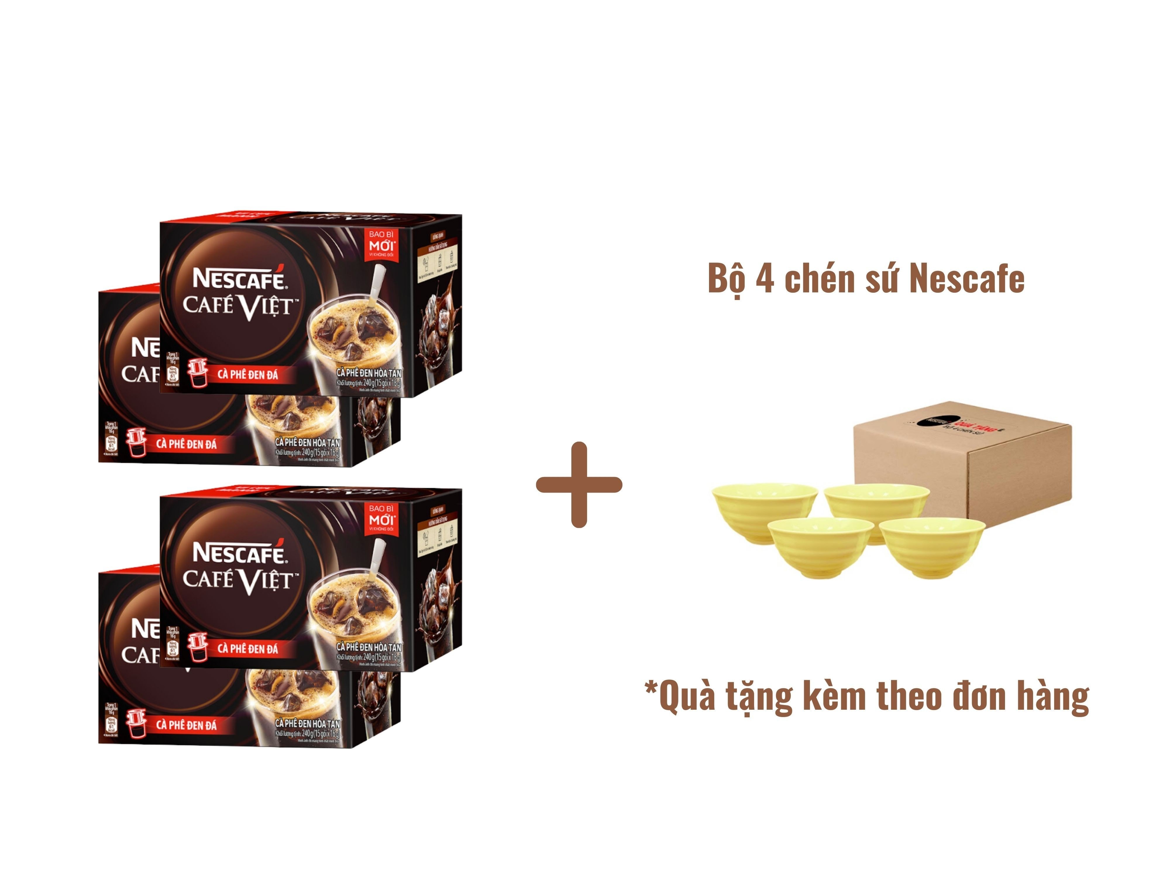 Combo 4 hộp Nescafé café Việt đen đá (Hộp 15 gói x 16g) - [Tặng bộ 4 chén sứ Nescafé]