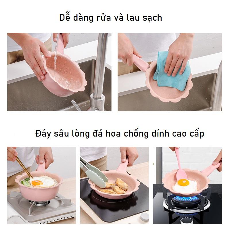 Bộ Nồi Chảo Đá Hình Hoa Kèm Xửng Hấp Cho Bé Ăn Dặm, Bộ Nồi Chảo Nấu Đồ Ăn Dặm Cho Bé Tặng Kèm Quà