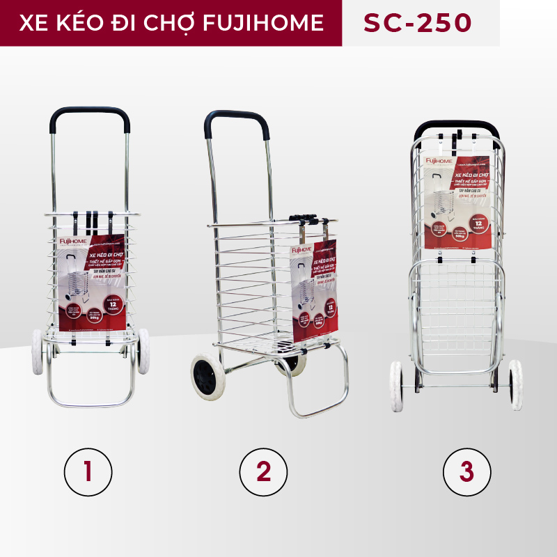 Xe kéo đi chợ đa năng FUJIHOME SC-250 tải trọng 40-50kg, Có thể gấp gọn, Chất liệu hợp kim cao cấp sáng bóng độ bền cao