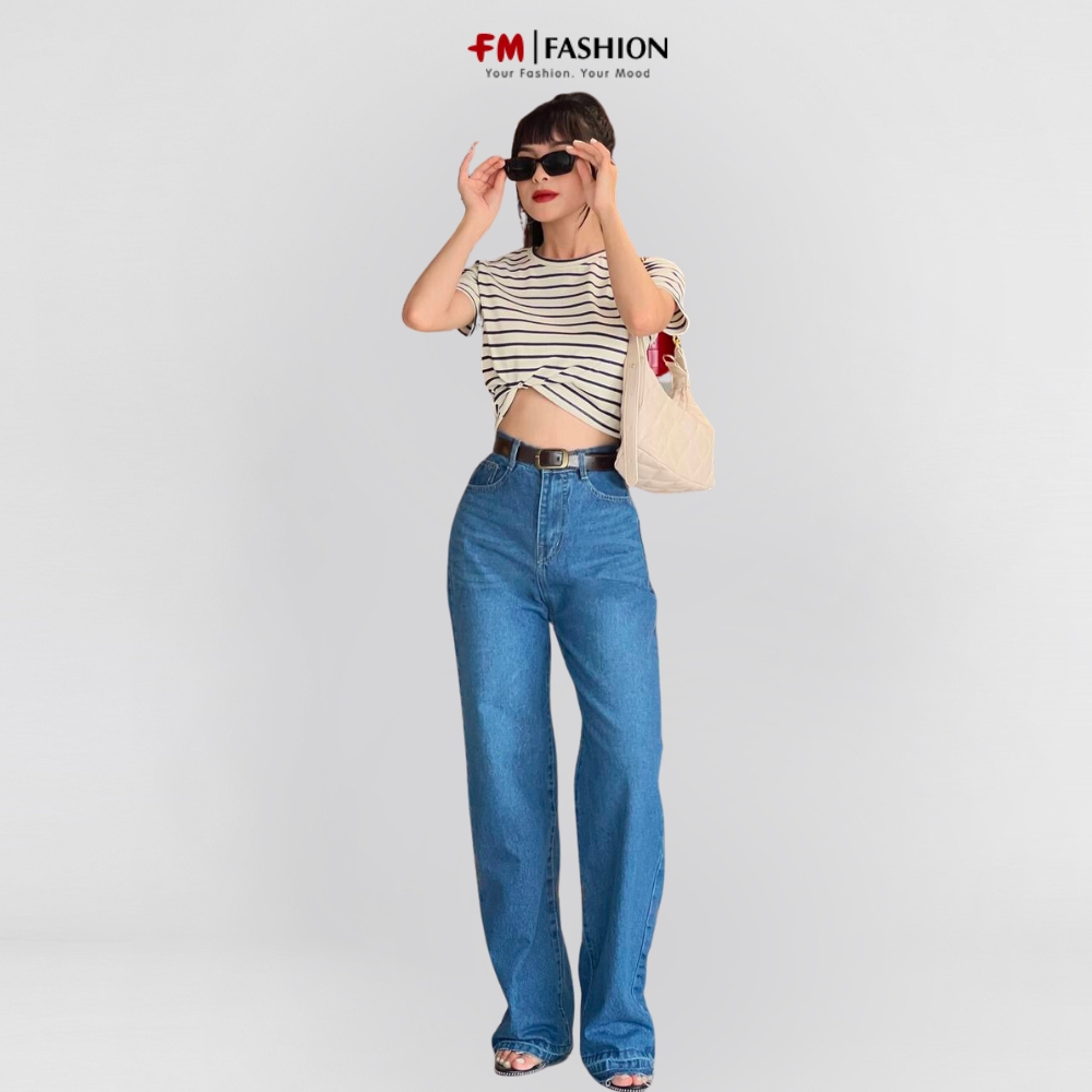 Quần jean nữ FM Style kiểu dáng baggy suông trơn lai cuốn vằn tua thời trang basic phong cách ulzzang 210270031