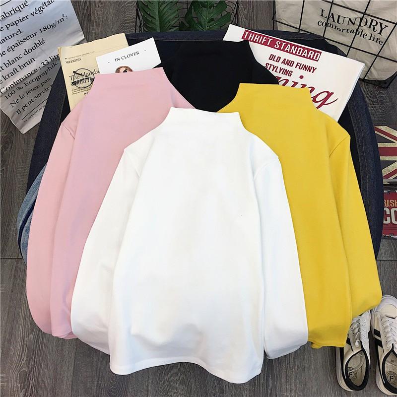 Áo thun tay dài cổ lọ màu trơn đơn giản cho nữ