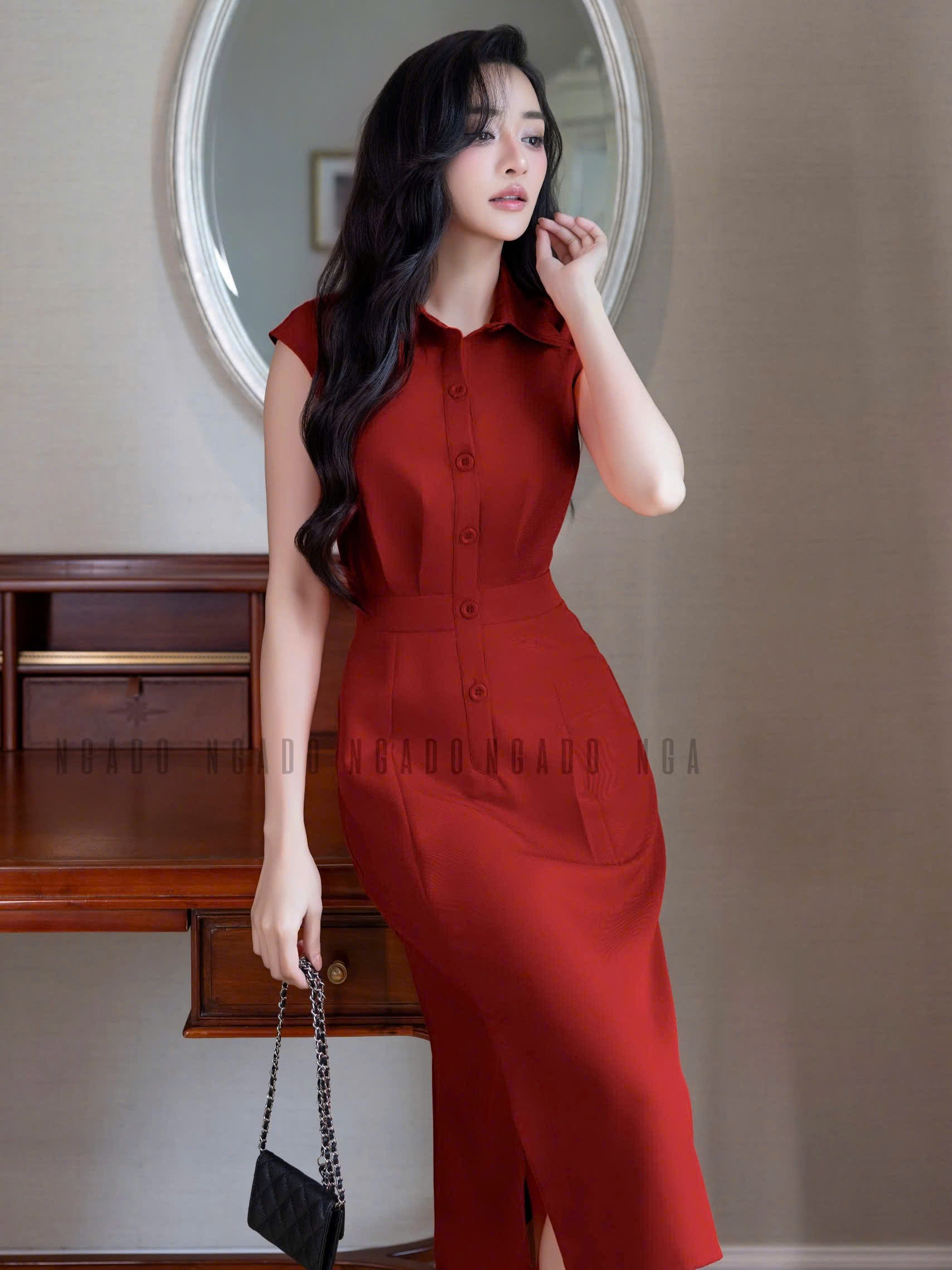 Đầm đỏ eo xếp ly NGADO , đầm kiểu Nữ , đầm công sở , dự tiệc