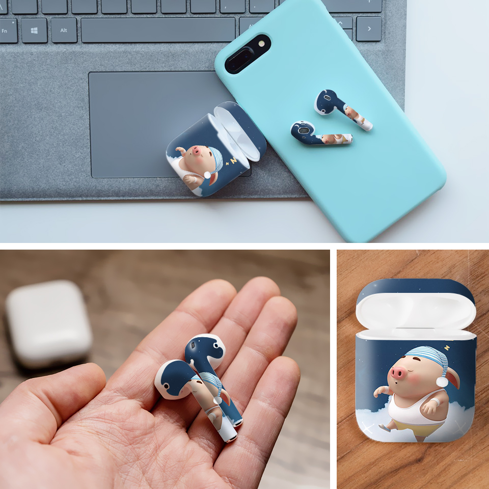 Miếng dán skin chống bẩn cho tai nghe AirPods in hình Heo con dễ thương - HEO2k19 - 155 (bản không dây 1 và 2)