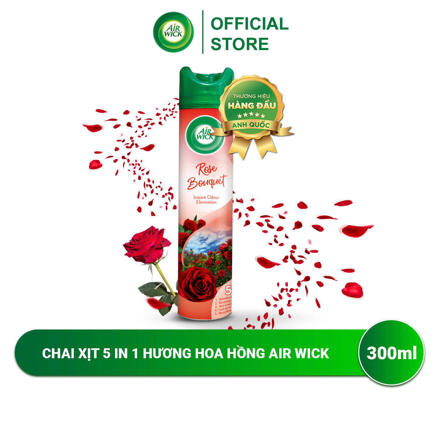 Chai xịt thơm phòng hương hoa hồng AIRWICK ngọt ngào, quyến rũ, vòi xịt thông minh giúp tỏa hương dễ dàng 300ml
