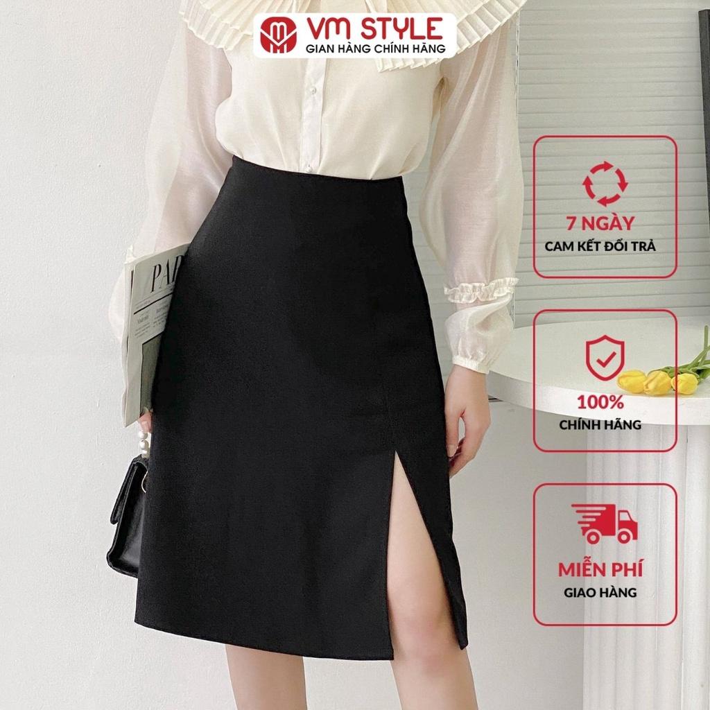 Chân váy dài VM STYLE xẻ tà trơn 07162 chữ a công sở midi qua gối cạp lưng cao màu đen 22CV02CT2701