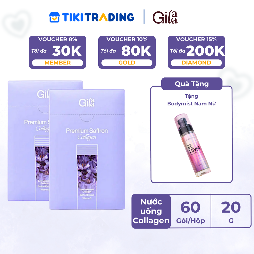 Combo 2 hộp Bột uống Collagen Gilaa Cao Cấp Kết Hợp Saffron (60 gói x 2)
