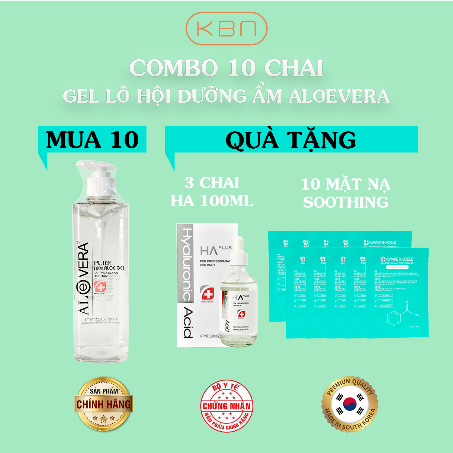 Combo 10 Chai Gel Nha Đam Aloe Vera Hàn Quốc - Làm Dịu Da Nhạy Cảm, Khô, Mụn + Tặng 3 Serum HA Plus 100ml + Tặng 10 Mặt Nạ Soothing