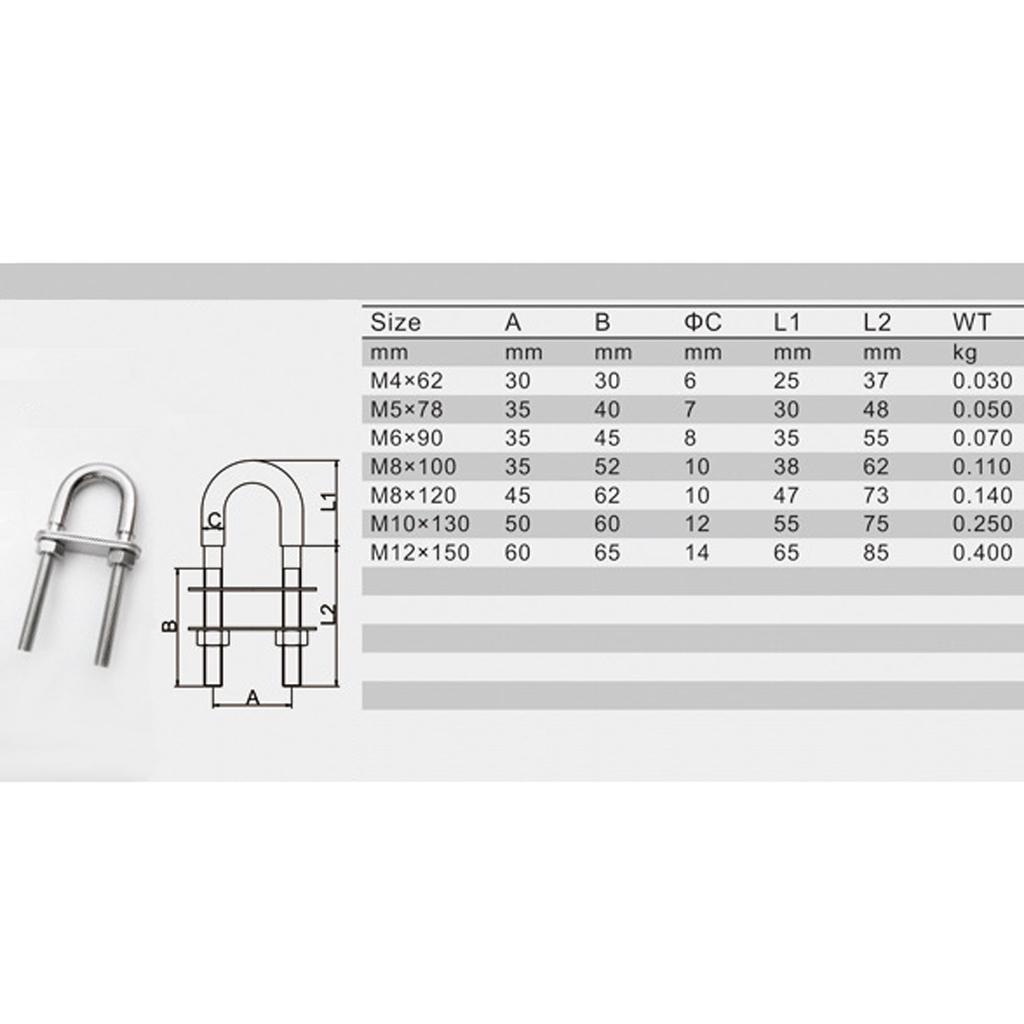 2 Pieces 304 Stainless Steel Boat Bow / Stern Eye, U-Bolt, Marine Rigging M6*90