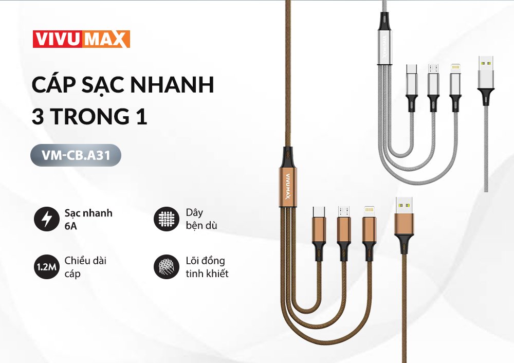 Cáp sạc nhanh 6A dây dù 3 đầu Vivumax A31 - Hàng chính hãng, Bảo hành chính hãng