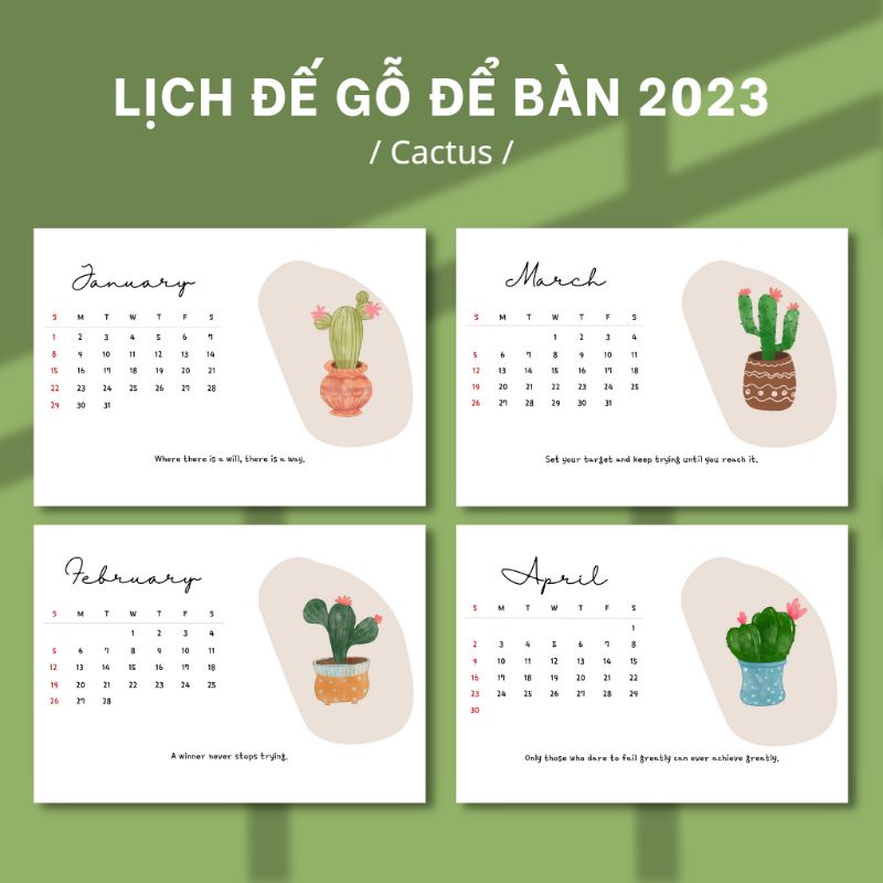 Lịch Đế Gỗ Để Bàn 2023 / Lịch Thiết Kế Chủ Đề Cactus