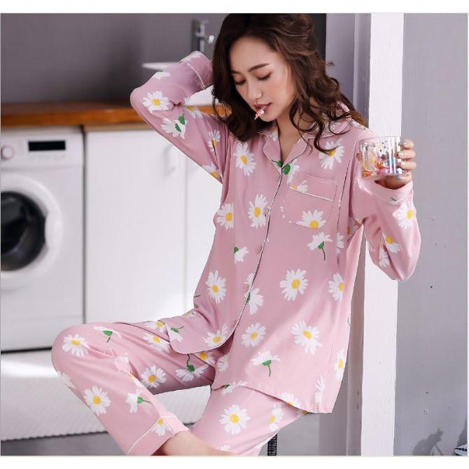 Bộ Đồ Pyjama Bầu Và Sau Sinh Dài Tay Az9446 Chất Liệu 100%Cotton Họa Tiết Hoa Cúc Dễ Thương Có Thiết Kế Cho Bé Ti