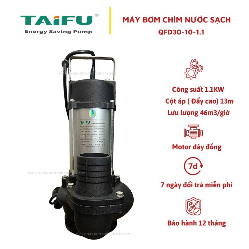 Máy bơm chìm lưu lượng 1.1Kw (1.5HP) Thân INOX 304 TAIFU QFD30-10-1.1 - Bảo hành 1 năm, Máy bơm nước chìm, Máy Bơm tõm