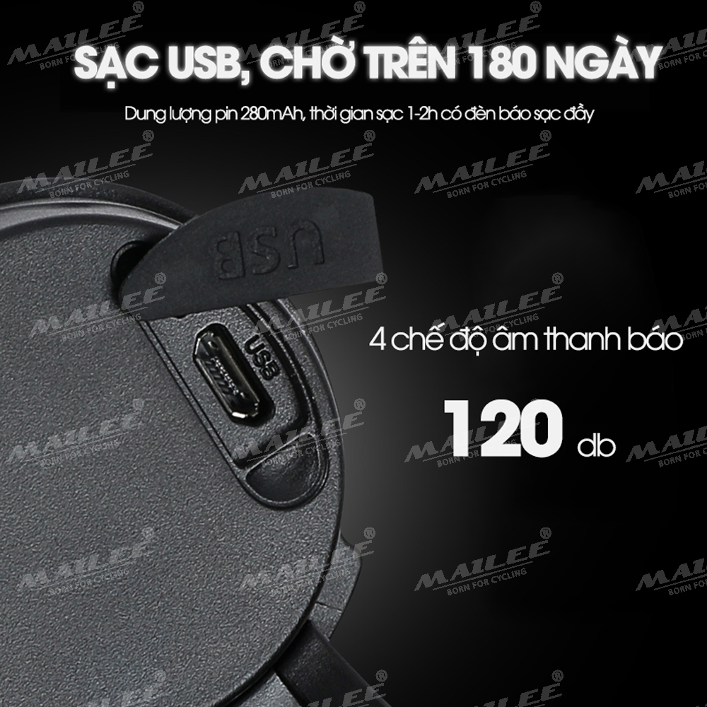 Còi Xe Đạp TW-002 120dB Sạc Điện USB 4 Âm Thanh Nút Ấn Rời Mai Lee