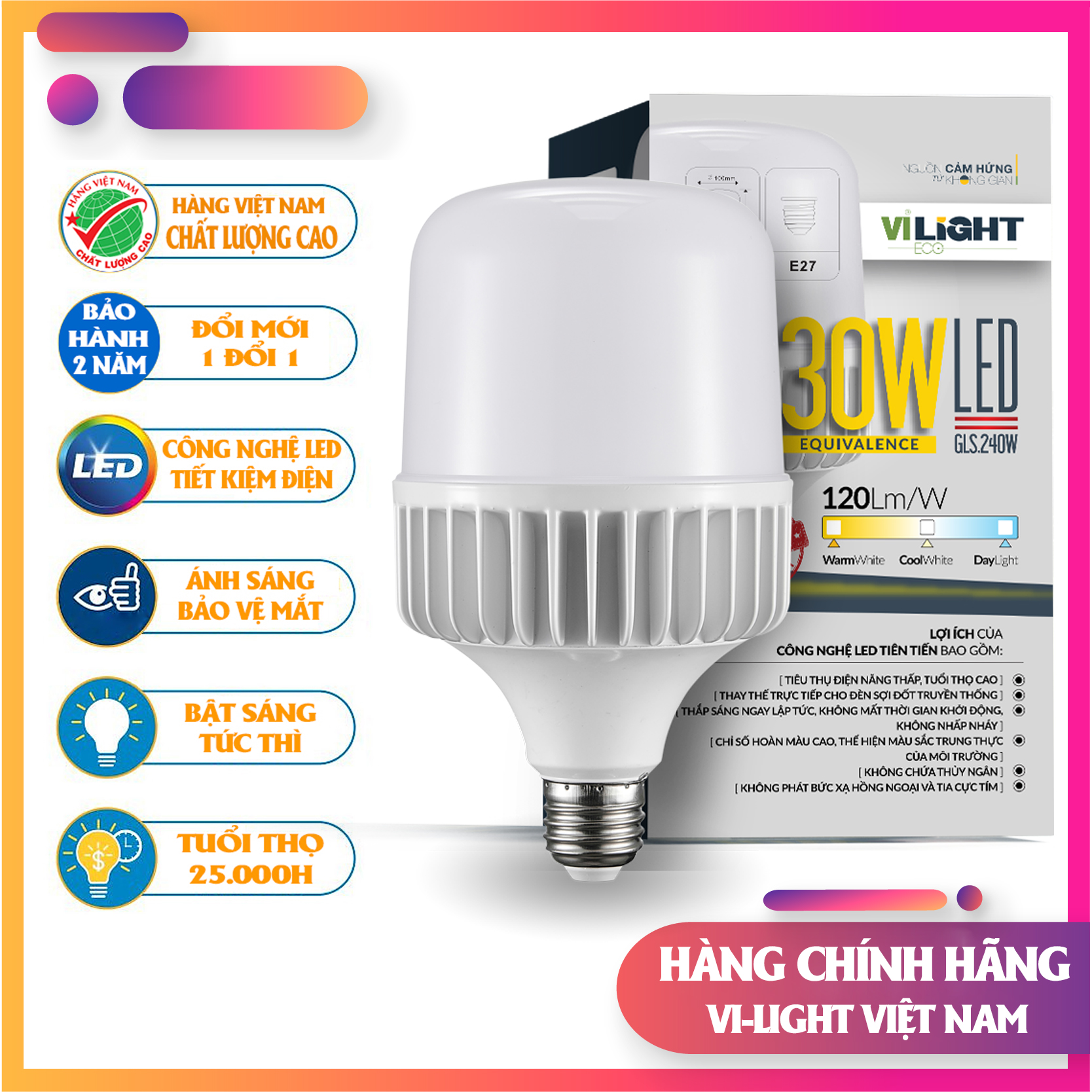 Bóng đèn Led Bulb 30W thân nhôm Vi-Light sáng trắng 6500K