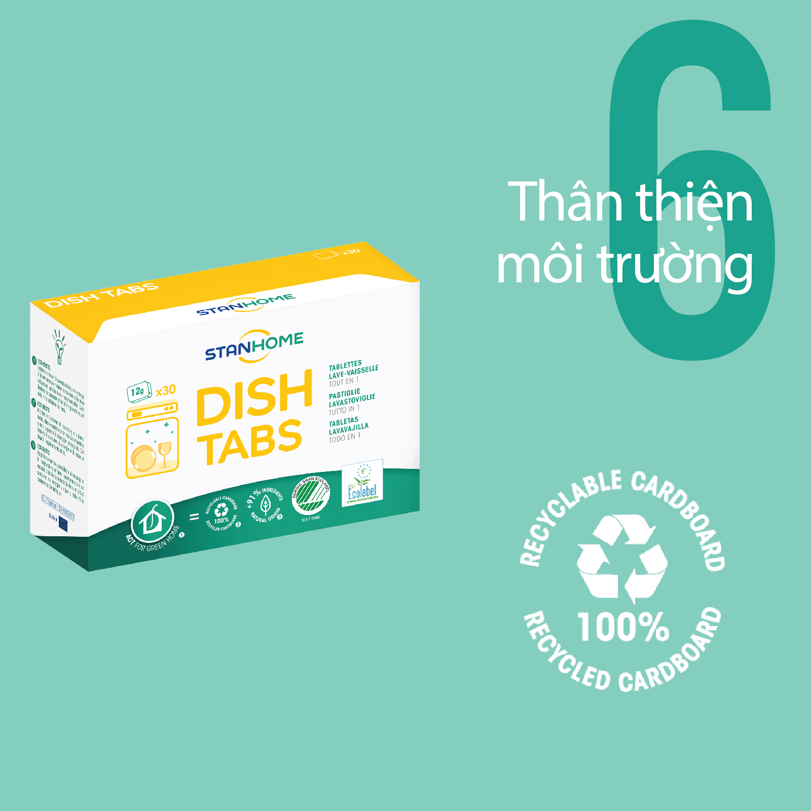 Viên rửa bát cho máy Stanhome Dish Tabs All in one tiêu chuẩn Ecolabel Châu Âu và Ecolabel Bắc Âu - Hộp 30 viên – 12g/viên