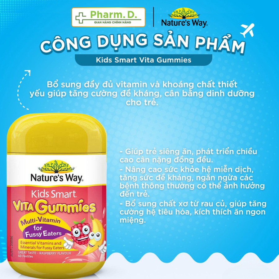 Kẹo Dẻo Vitamin NATURE'S WAY Kids Smart Vita Gummies Bổ Sung Dinh Dưỡng Cho Trẻ Biếng Ăn (Hộp 60 Viên)