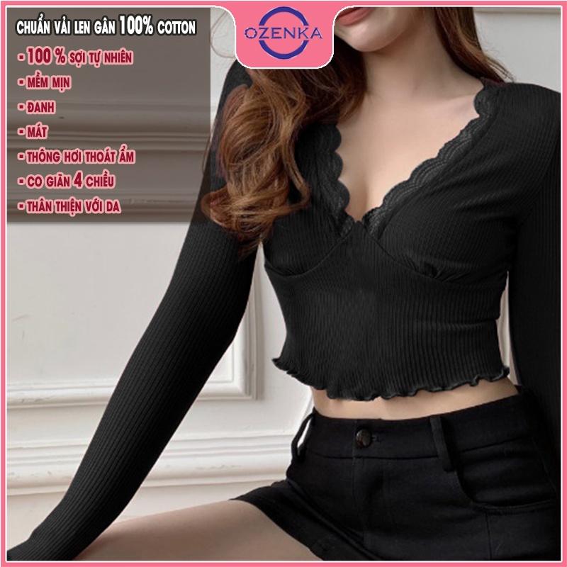 Áo croptop cổ V phối ren tay dài nữ OZENKA , crt ôm body đẹp len gân cotton 100% màu đen trắng