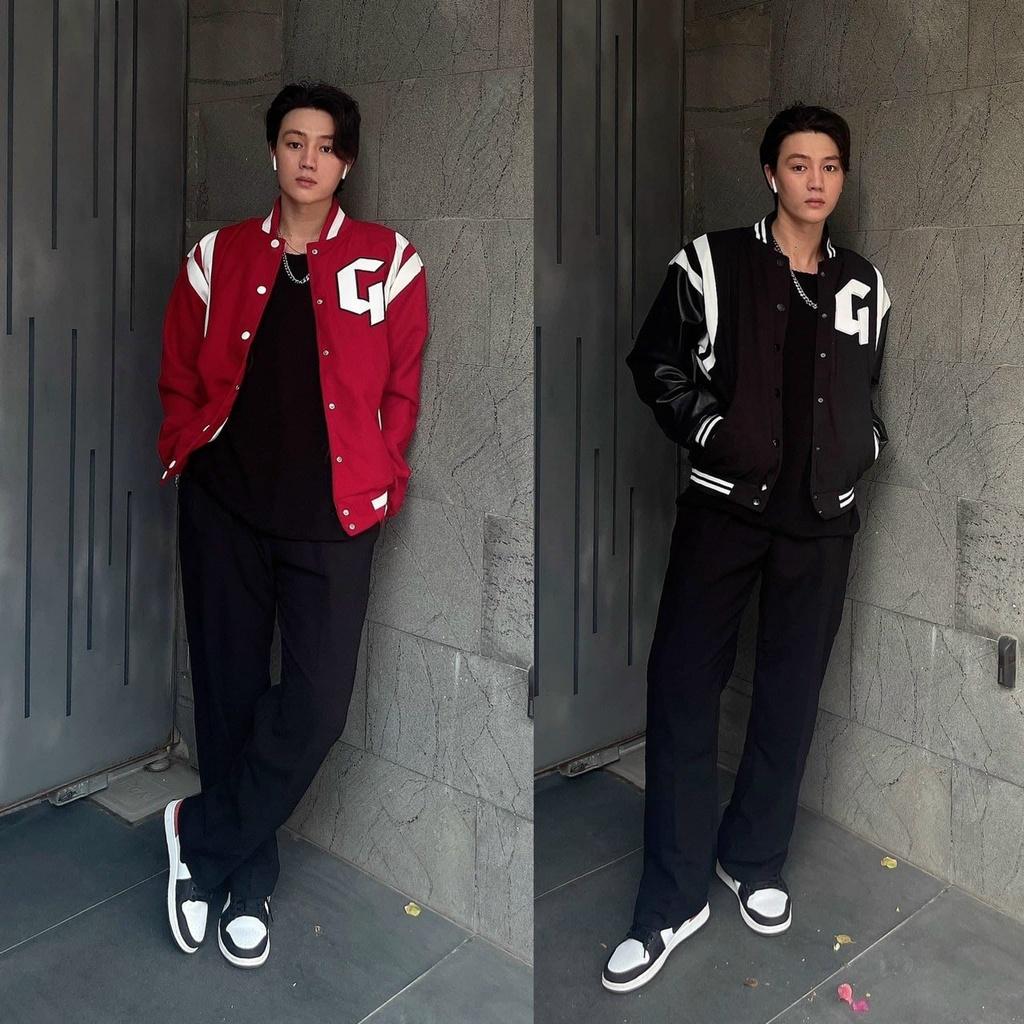 Áo Khoác Bomber Nhung Gân Tăm Thêu  ̂ Jacket Varsity GONZ Unisex Form Rộng Nam Nữ Ulzzang