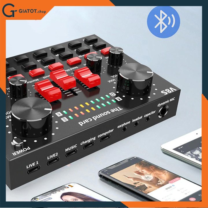 Sound card âm thanh V8S có bluetooth cùng pin sạc - hát thu âm, livestream và karaoke