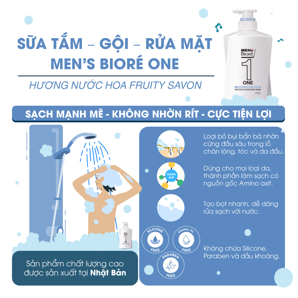 Sữa Tắm - Gội - Rửa Mặt Men's Bioré One Hương Nước Hoa Fruity Savon 480ml