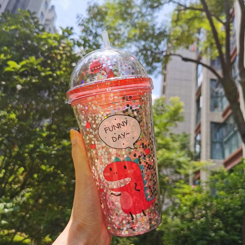 Cốc Uống Nước Cute Có Nắp Và Ống Hút 500ml, Ly Uống Nước Họa Tiết Kim Tuyến Khủng Long Dễ Thương