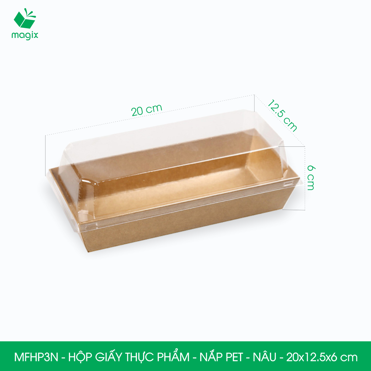 MFHP3N - 20x12.5x6 cm - 100 hộp giấy kraft thực phẩm màu nâu nắp Pet, hộp giấy chữ nhật đựng thức ăn, hộp bánh nắp trong