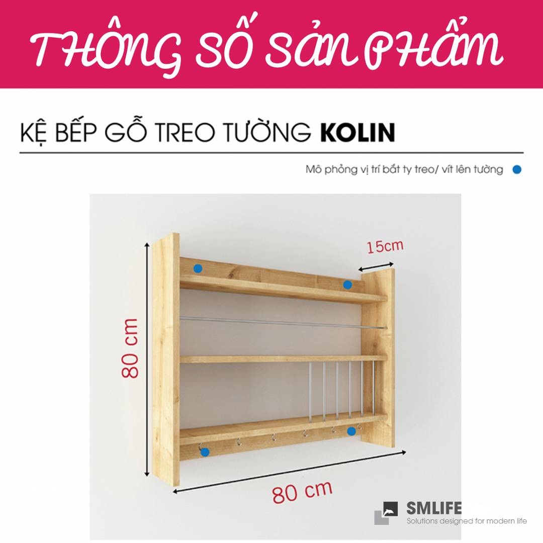 Kệ gỗ nhà bếp hiện đại SMLIFE Kolin | Gỗ MDF dày 17mm chống ẩm | D80xR15xC80cm