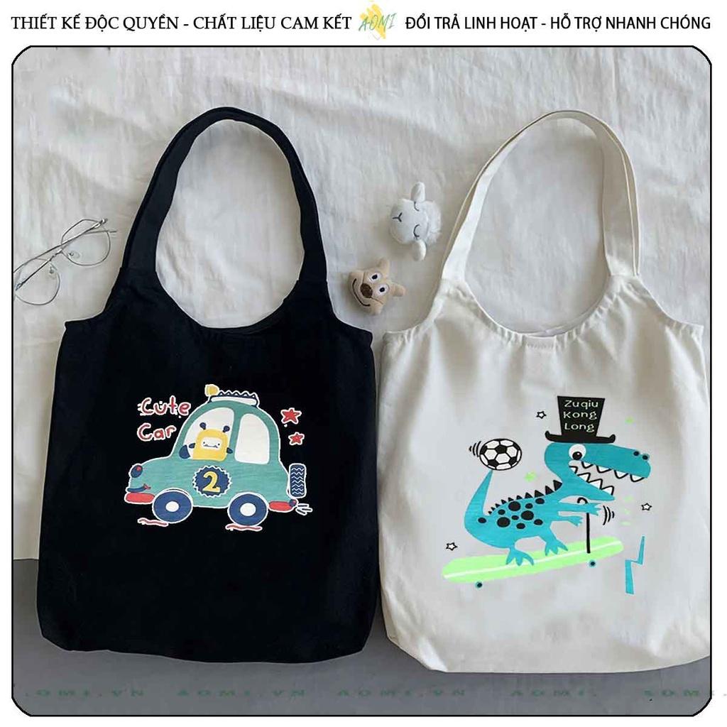 TOTE CANVAS hoat hình khủng long cute FORM TRÒN TÚI VẢI ĐEO VAI BAG NÚT BẤM SIZE LỚN AOMIVN DU LỊCH DẠO PHỐ CÁ TÍNH