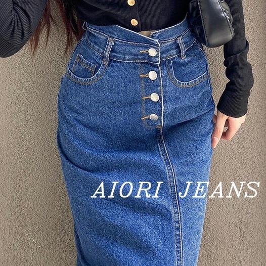 Chân Váy Jeans Aiori Denim Chữ A Lưng Cao Ôm Dáng Xinh Xắn Lưng Kiểu 4 Nút Theo Phong Cách Hàn Quốc_Mã V002 - Xanh Đậm