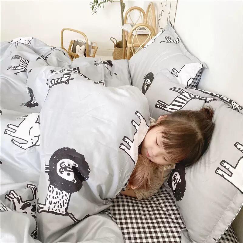 Bộ chăn ga Cotton Poly M2T bedding chăn ga Hàn Quốc họa tiết vườn bách thú đủ size miễn phí bo chun