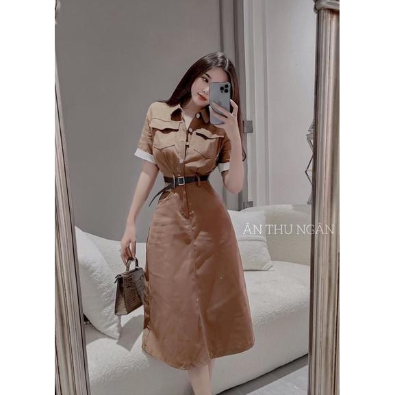 FREE SHIP Váy kaki nâu kèm đai, Váy thiết kế cao cấp KIM GIA DS