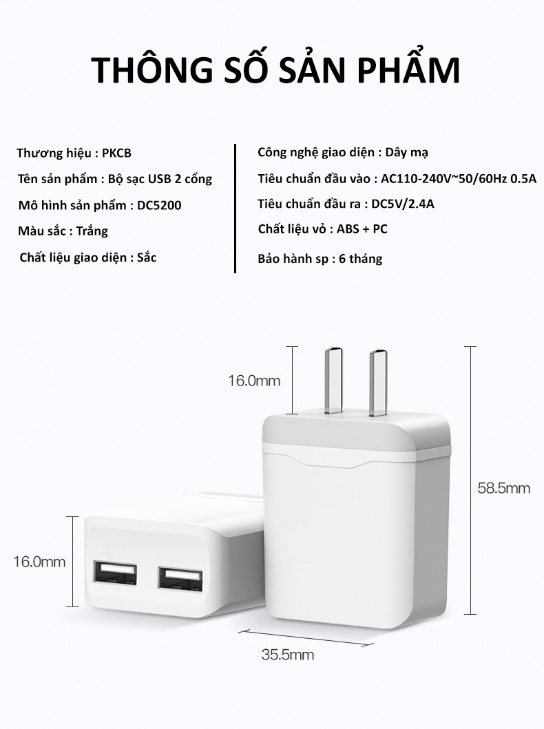 Củ sạc nhanh 2.4A 2 cổng USB PKCB - Hàng chính hãng