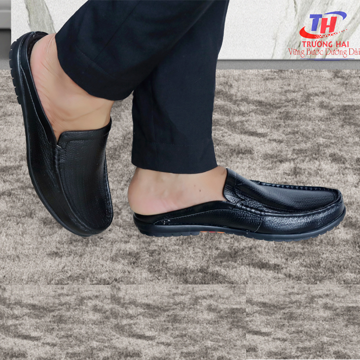 Dép sục nam da bò Trường Hải màu đen đế cao su không trơn hàng may chắc chắn thời trang cao cấp BMN0201