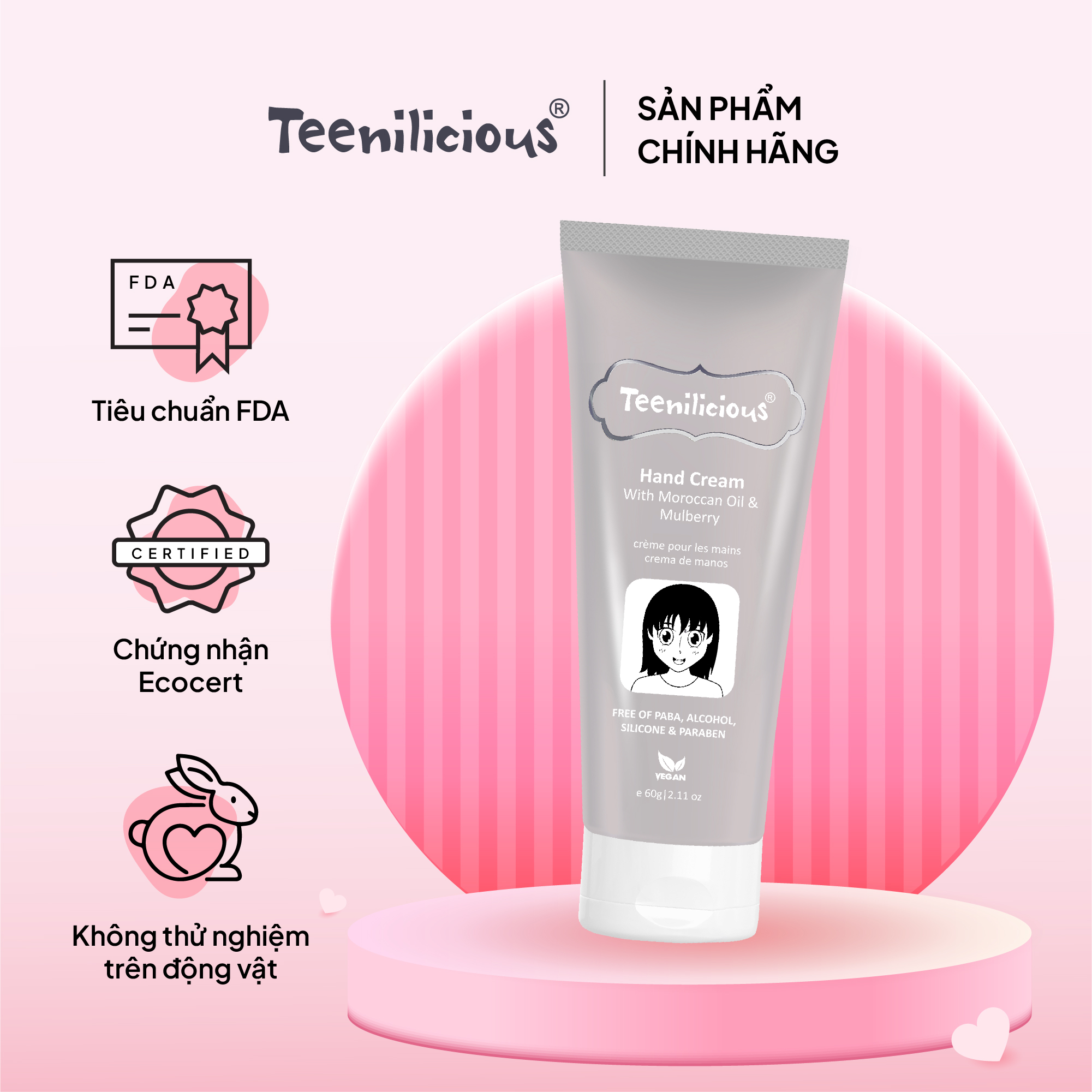 Kem Dưỡng Da Tay Teenilicious Hand Cream With Moroccan Oil &amp; Mulberry Phục Hồi Và Dưỡng Ẩm Da 60g