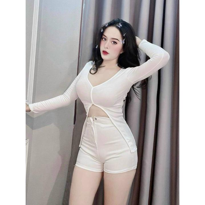 Áo croptop nữ kiểu dài tay xẻ tà vải thun gân cổ tim ôm body sexy HIJUNE CT08