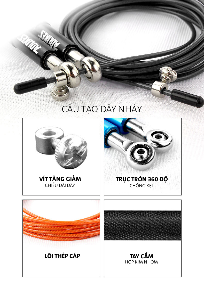 Dây Nhảy Thể Dục Tay Nắm Hợp Kim Nhôm Chính Hãng Aolikes