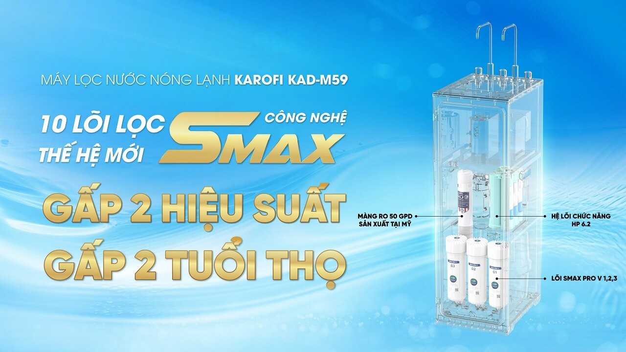 Máy lọc nước nóng lạnh RO Mỹ 10 lõi Karofi KAD-M59 - Giao trước lắp sau miễn phí toàn quốc - Bảo hành 36 tháng - Hàng chính hãng