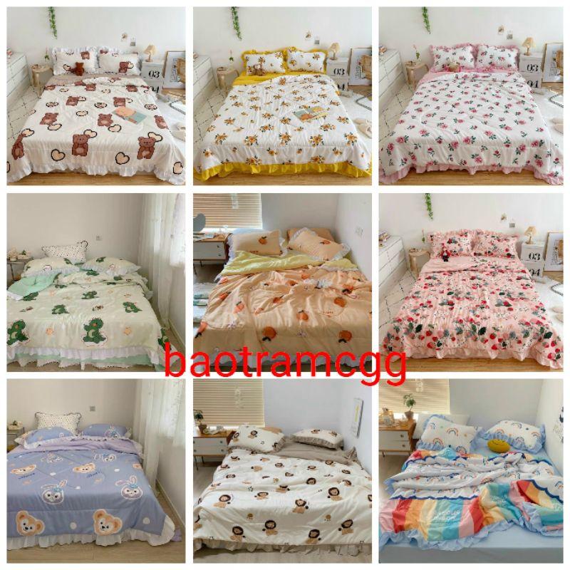 Bộ Chăn Vỏ Ga Gối Cotton Đũi phối bèo Chăn Hè