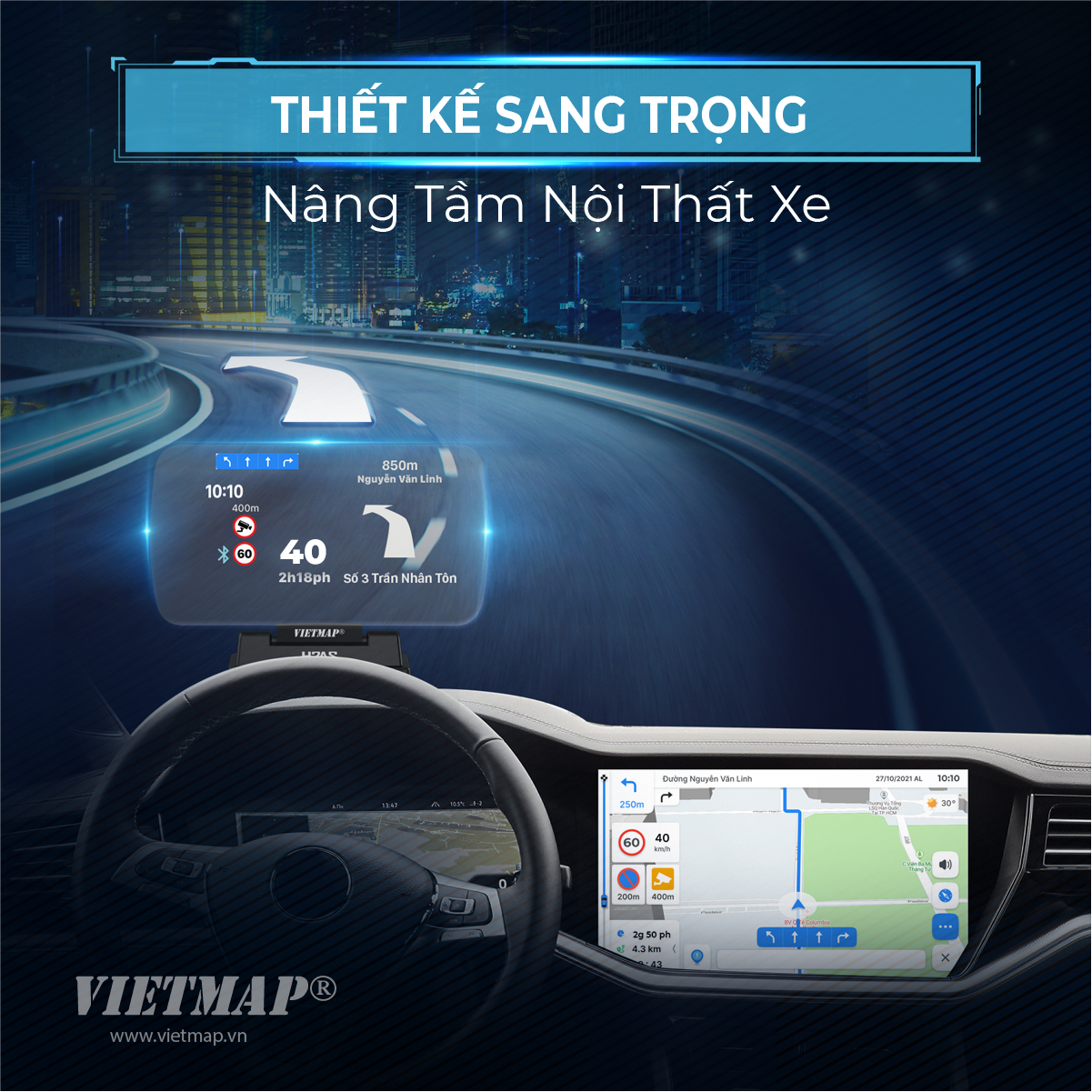 HUD Vietmap H2AS - Màn hình HUD Đo áp suất lốp - Dẫn đường - Cảnh báo tốc độ - Hiển thị cuộc gọi - Hàng chính hãng