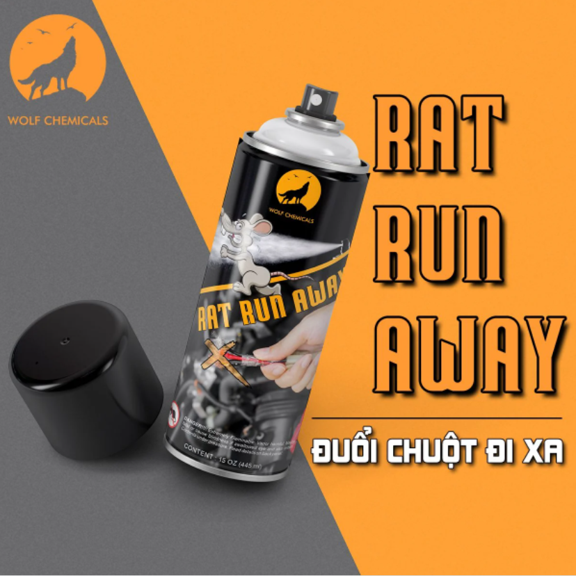 Chai xịt đuổi chuột đi xa, tránh cắn dây điện xe máy, ô tô, xịt khoang đông cơ Rat Run Away 455ml Thunder Wolf Chemicals USA