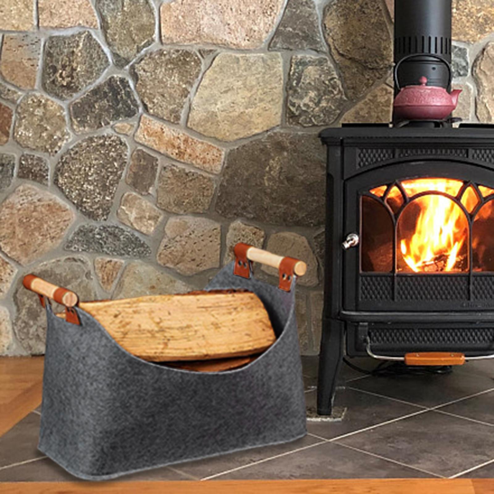 Felt Bag with Wooden Handle Thickened Rack Barbecue Log Tote Bag for Camping