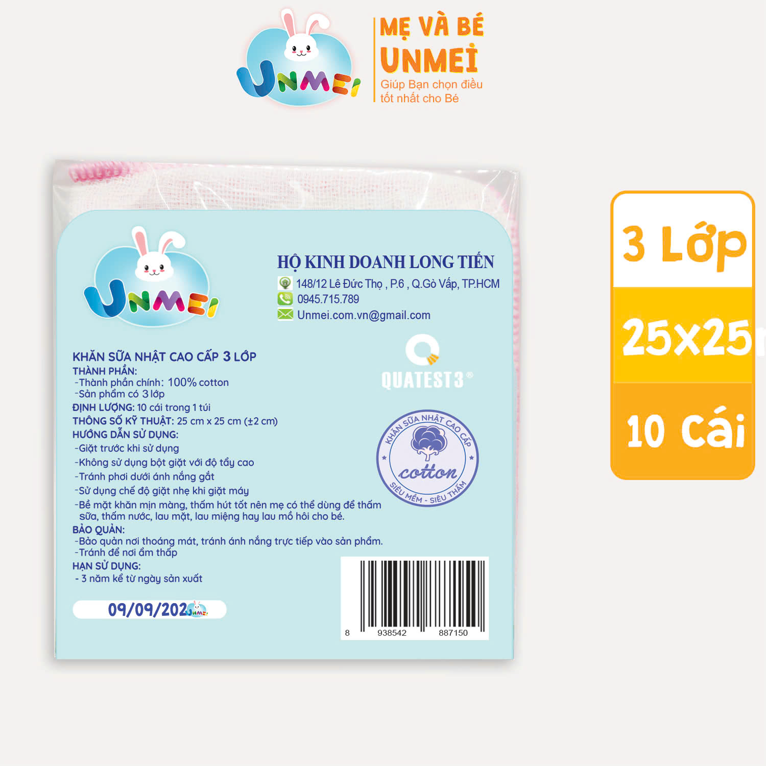 Bịch 10 Cái Khăn Sữa UNMEI Xuất Nhật 100% Cotton, Dày 3 Lớp Dành Cho Bé Từ Sơ Sinh (Kích Thước 25x25cm)