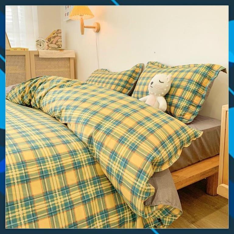 Bộ chăn ga Cotton Poly kẻ xanh vàng, vỏ chăn mền, drap giường và 2 vỏ gối