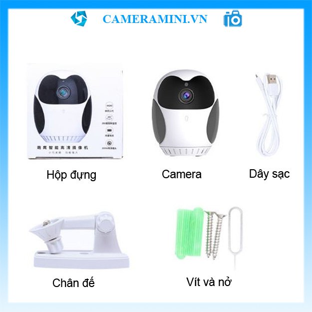 Camera mini wifi 360 hình cú 1080p giám sát an ninh, đàm thoại 2 chiều, quay ban đêm, pin 3 giờ, zoom 4X