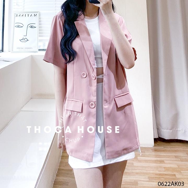 Áo vest nữ tay ngắn trơn khoác blazer túi nấp 3 nút THOCA HOUSE thanh lịch, dễ phối đồ