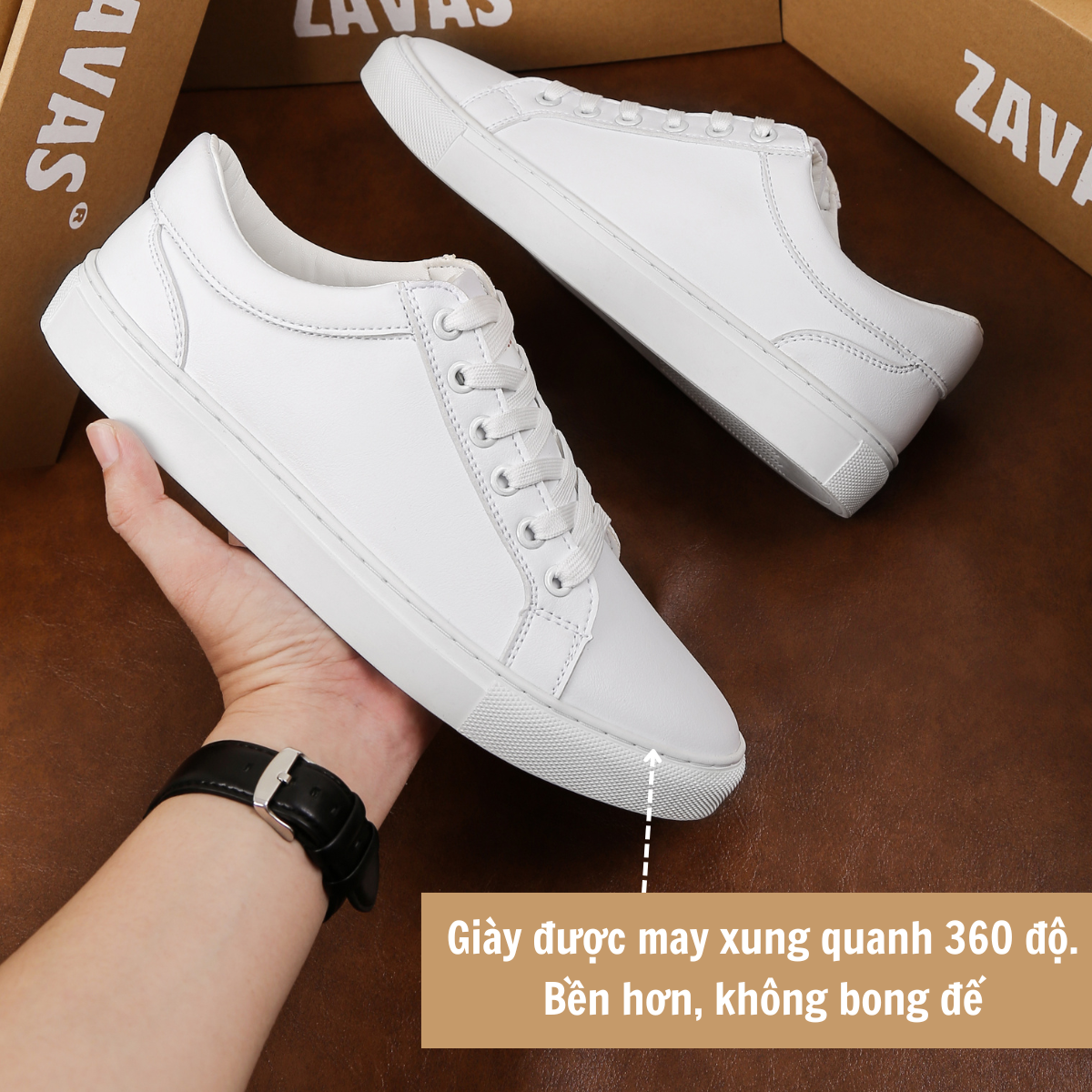 Giày sneaker nam ZAVAS full trắng da thật không bong tróc form giày gọn thời trang - Z68